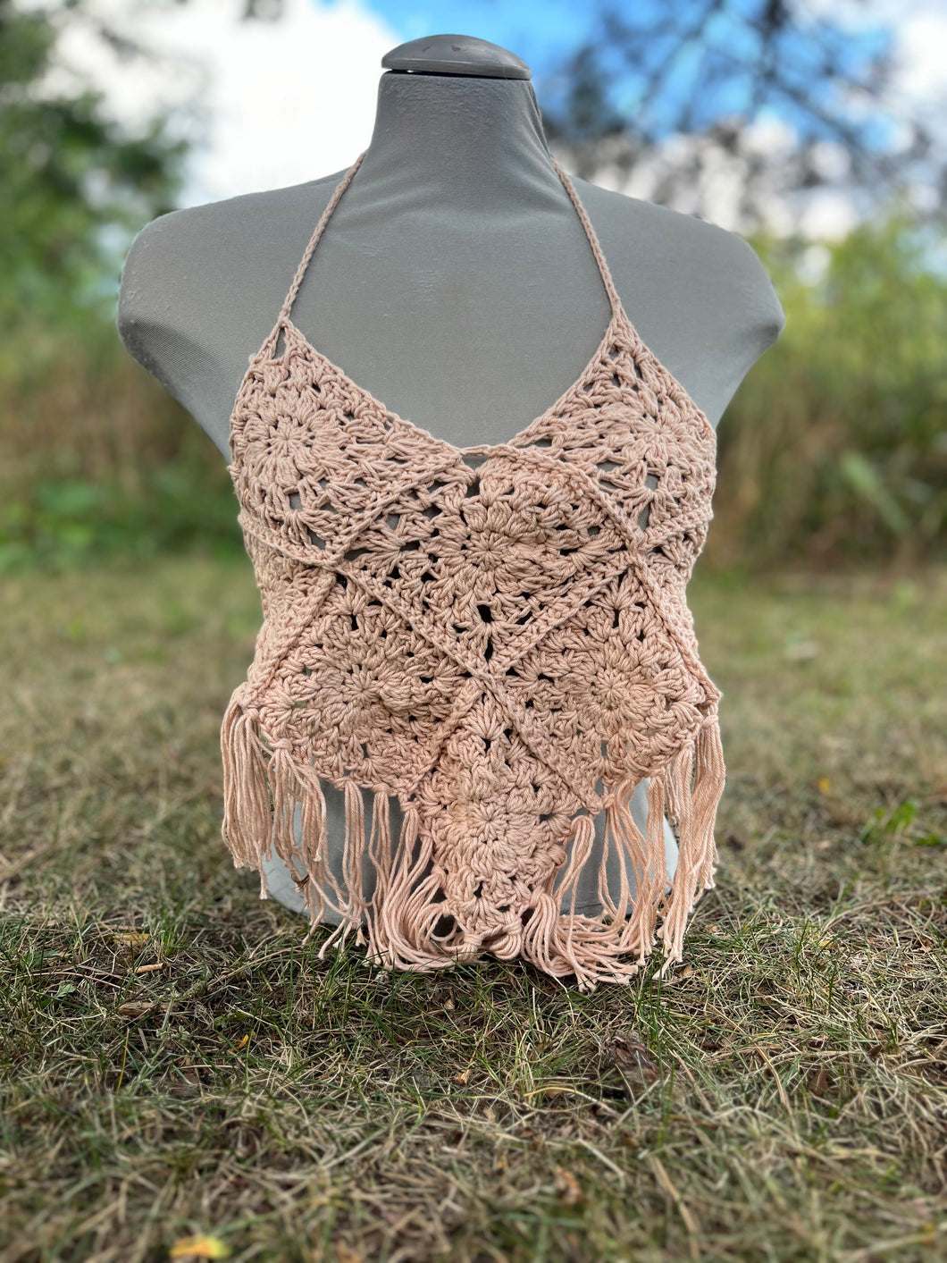 no. 16 Blush granny square festival fringe halter top