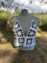 Load image into Gallery viewer, no. 11 Blue granny square V-neck halter top
