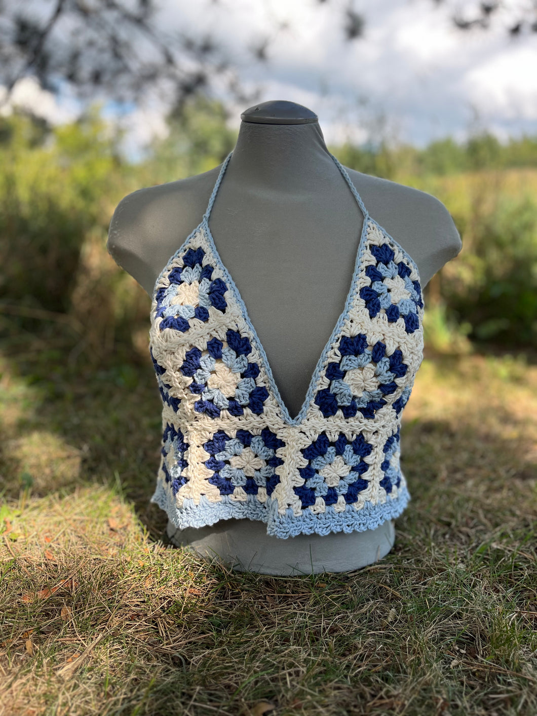 no. 11 Blue granny square V-neck halter top