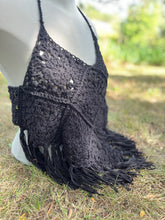 Load image into Gallery viewer, no. 14 Black granny square festival fringe halter top
