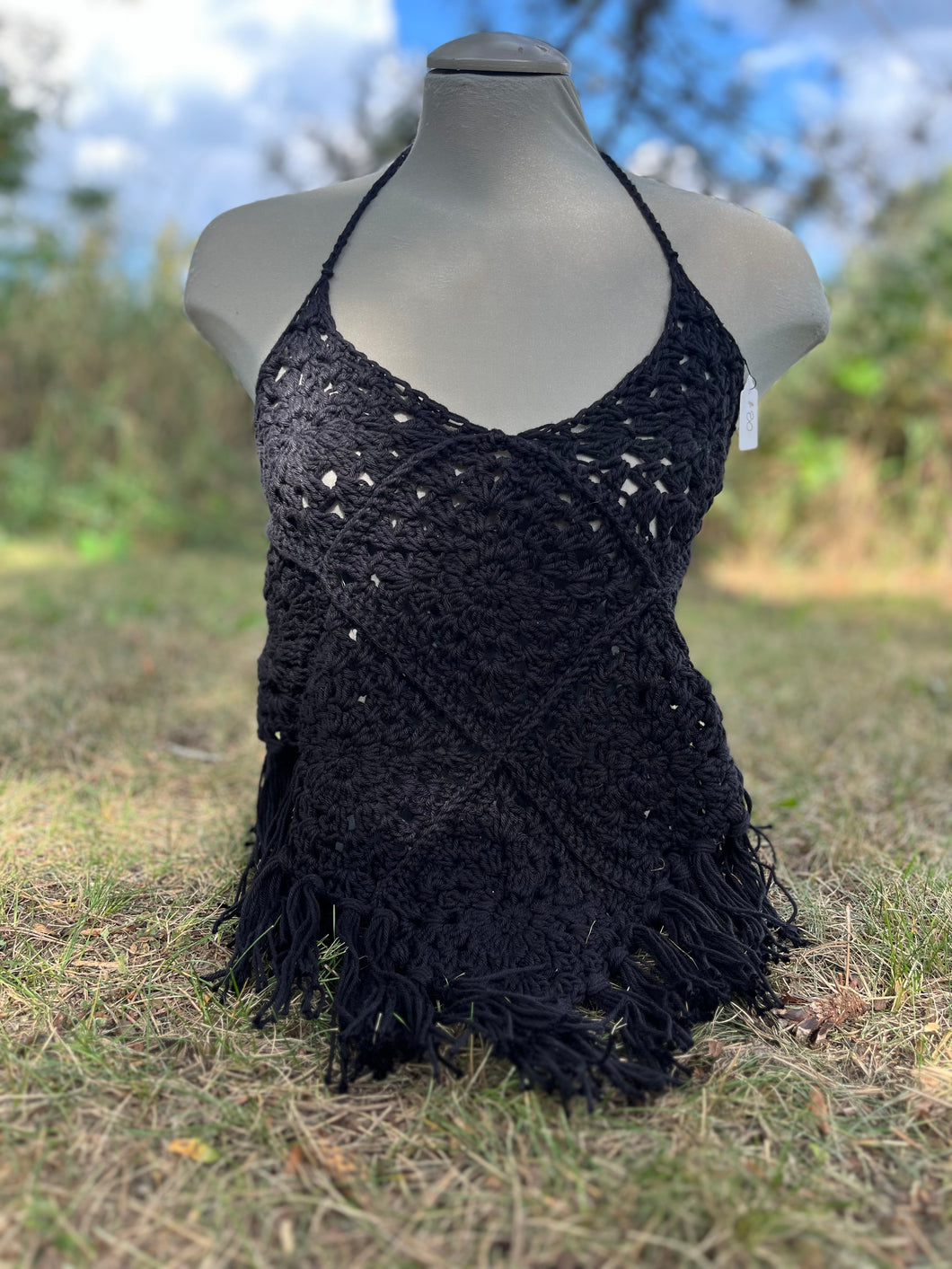 no. 14 Black granny square festival fringe halter top